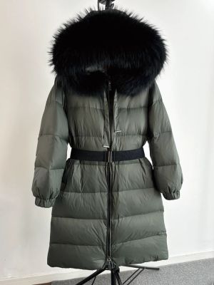 Дълго зимно яке с качулка от естествен косъм миеща мечка и колан