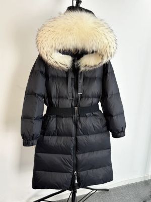 Дълго зимно яке с качулка от естествен косъм миеща мечка и колан