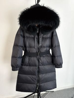 Дълго зимно яке с качулка от естествен косъм миеща мечка и колан