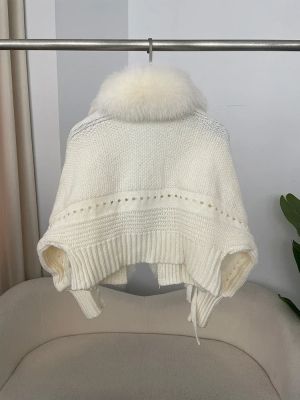 Дамска плетена жилетка с яка от естествен косъм лисица