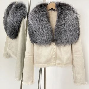 Зимно велурено палто с яка от естествен косъм лисица 